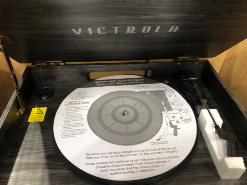 Photo 1 of Victrola Nostalgic 6-in-1 Bluetooth Record Player & Multimedia Center, Grey with Victrola Wooden Stand for Wooden Music Centers with Record Holder Shelf, Black & Victrola Wooden Record Crate, Black (