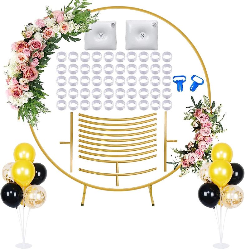 Photo 1 of (SEE NOTES) 7.2ft Round Backdrop Stand Circle Balloon Arch Frame Kit Decoration with Table Stand Large Size Metal Golden Circle for Baby Shower Wedding Birthday Party Photo Background Decoration (Gold)
