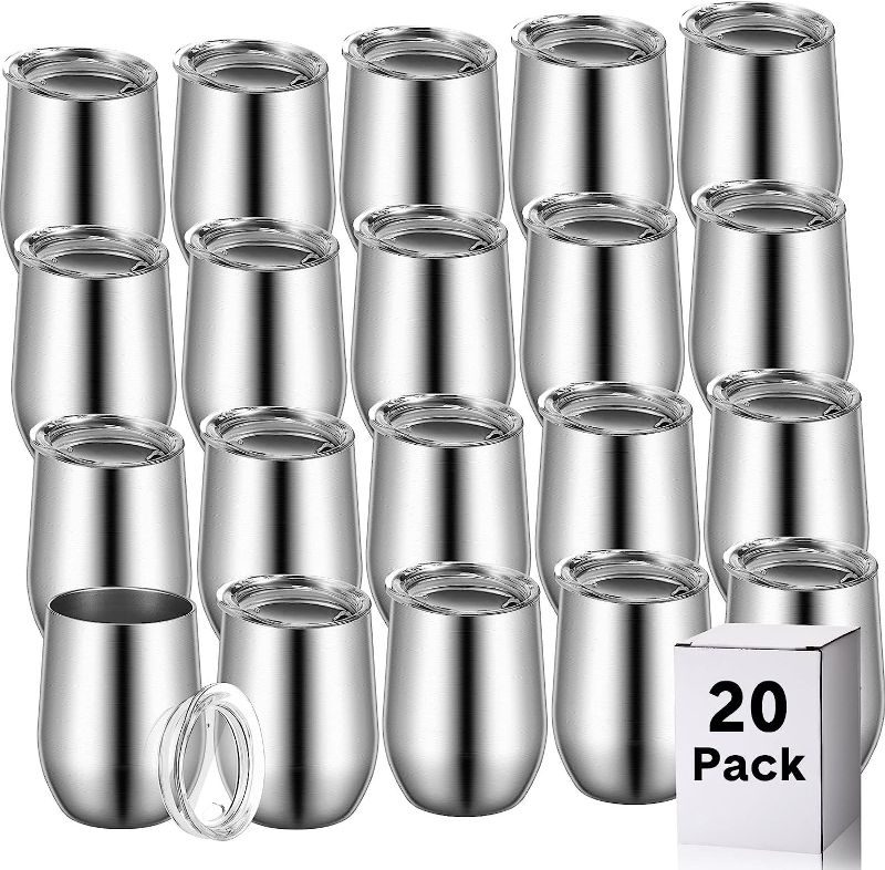 Photo 1 of 20 Packs Wine Tumblers Insulated Cups with Lids, 12 oz Stainless Steel Stemless Wine Tumblers Double Layer Vacuum Wine Glasses Tumbler Cup Coffee Mug for Hot Cold Drink
