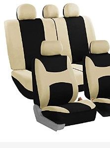 Photo 1 of FH Group Car Seat Cover Full Set Light and Breezy Beige and Black Car Seat Covers with Front Seat Covers and Rear Split Bench Car Seat Cover Universal Fit Interior Accessories for Cars Trucks and SUVs Beige/Black Full Set Seat Covers