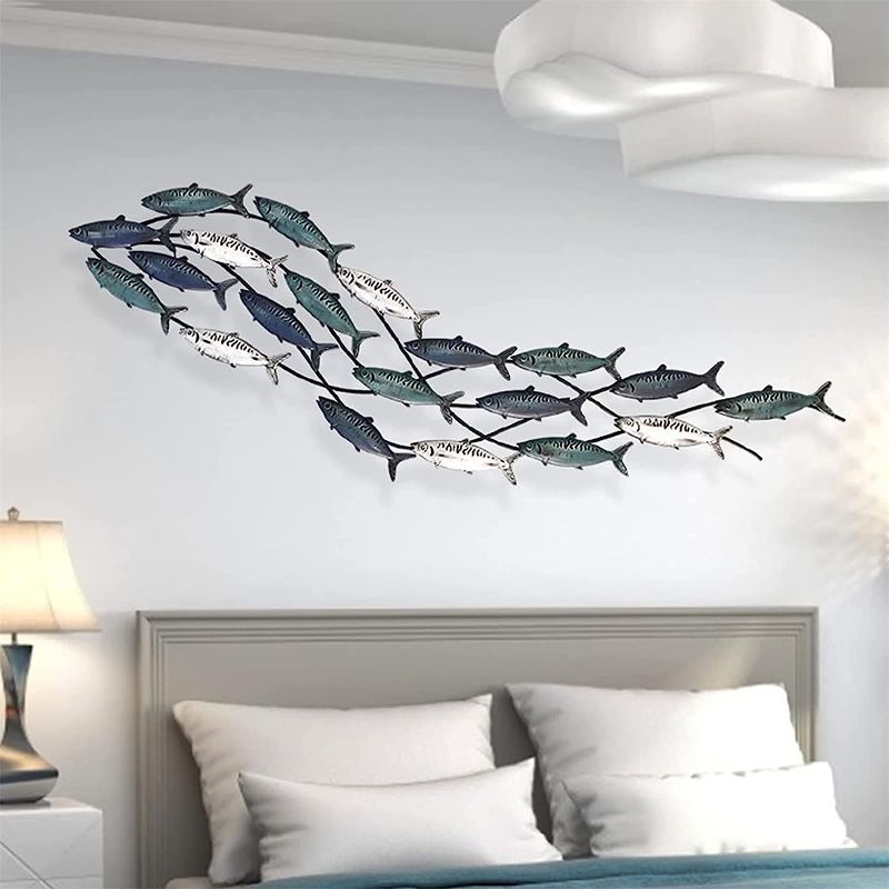 Photo 1 of 3D Metal Fish Wall Decor, School of Fish Metal Wall Art Wall Sculptures Made by Hand,Aqua Theme Metal Wall Sculpture Marine Decor for Home Garden Bedroom,150X42cm