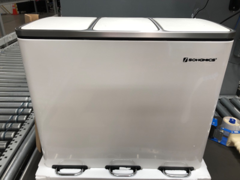 Photo 2 of Like New****SONGMICS Trash Can, 3 x 4.8 Gallon Garbage Can, 14.4 Gallon Recycle Bin with Soft-Close Lids, Pedals, and Inner Buckets for Kitchen, Stainless Steel, White ULTB154W01