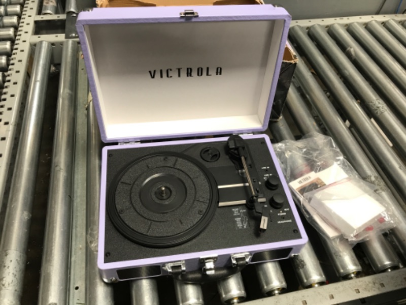 Photo 3 of **INCOMPLETE**Victrola Vintage 3-Speed Bluetooth Portable Suitcase Record Player with Built-in Speakers | Upgraded Turntable Audio Sound | Lavender (VSC-550BT-LVG) Lavender/Silver Record Player
