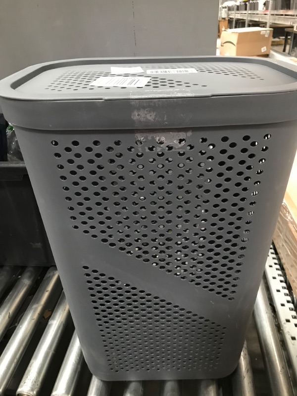 Photo 3 of *** USED LID IS DAMAGED SEE PICTURES *** Mind Reader Basket Collection, Slim Laundry Hamper, 60 Liter (15g/33lbs) Capacity, Cut Out Handles, Attached Hinged Lid, Ventilated, Gray Gray Single Laundry