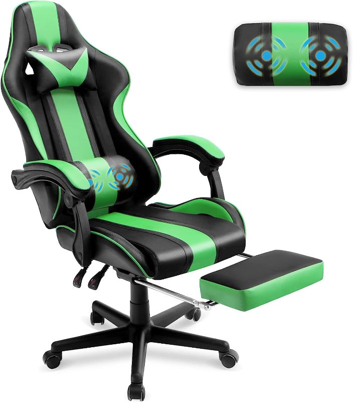 Photo 1 of Ferghana Green Gaming Chair with Footrest, Ergonomic Gamer Chair,Office Computer Gaming Chairs,E-Sports Racing Game Chair with Lumbar Pillow and headrest
