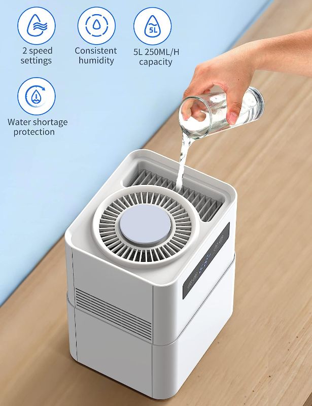 Photo 1 of 5L Evaporative Humidifiers for Bedroom, No Mist Humidifiers for Baby, Washable Filter, Consistent Humidity with 2 Speeds, Quiet Top Fill Humidifiers for Large Room with Auto Shutoff and Digital Display
