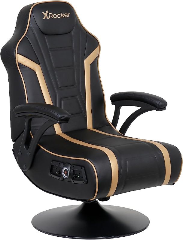 Photo 1 of **INCOMPLETE**X Rocker Trident Pedestal Video Gaming Chair 4.1, Wireless Audio, Backrest Mounted Subwoofer, Padded Armrest, 5152301, 30.9" x 41.7" x 26.2", Black and Gold
