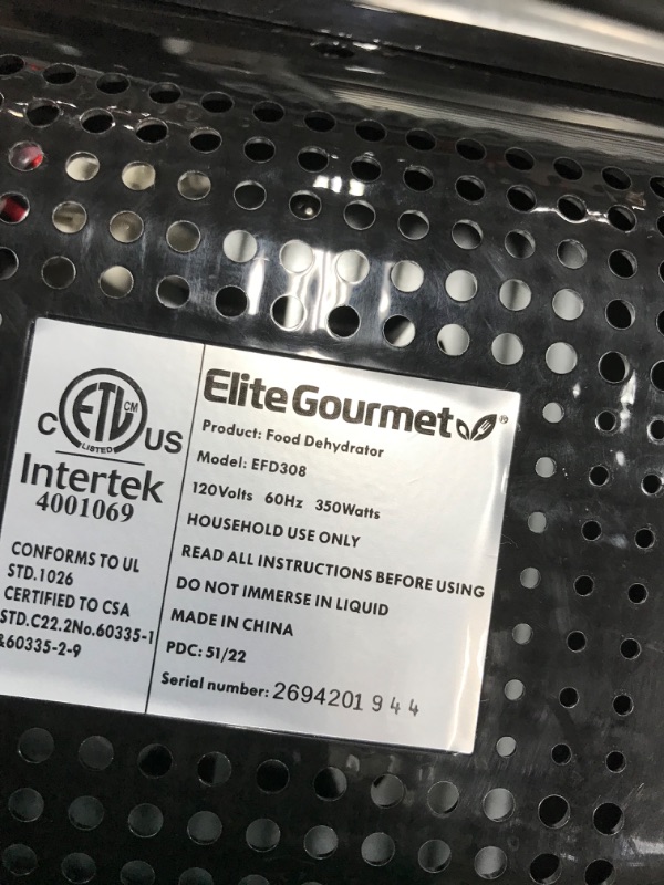 Photo 1 of Elite Gourmet EFD308 Food Dehydrator, Stainless Steel Trays Food Dehydrator, Adjustable Temperature Controls, Jerky Herbs Fruit Veggies Snacks 4 Stainless Steel Trays Black
