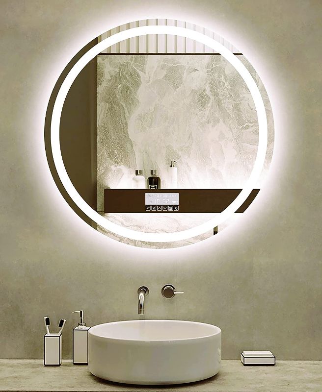 Photo 1 of *READ COMMENTS*- ODNADO 26" Round Smart LED Bathroom Vanity Mirror Bluetooth Speaker Wall Mounted De-Mister/Anti-Fog 3xMood Colour and Dimmable Lighting with Date/Time/Temperature.
