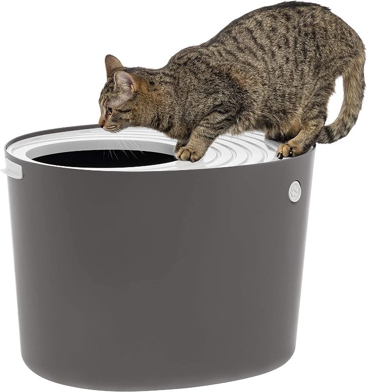 Photo 1 of 
IRIS USA Round Top Entry Cat Litter Box with Scoop, Large Stylish Curved Kitty Litter Pan with Litter Catching Grooved Cover Less Tracking Dog Proof and...