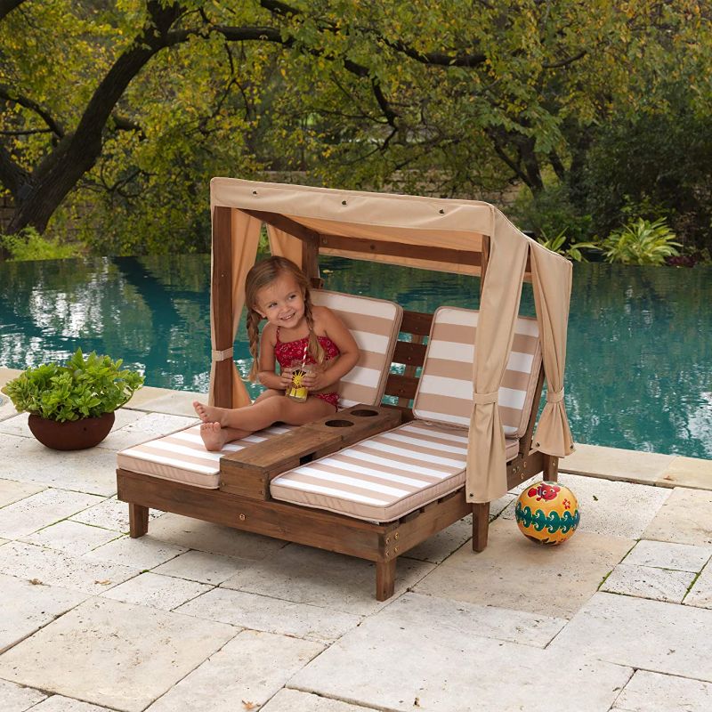 Photo 1 of ***MISSING CANOPY AND CUSHIONS*** KidKraft Wooden Outdoor Double Chaise Lounge with Cup Holders, Patio Furniture for Kids or Pets, Espresso with Oatmeal and White Striped Fabric
