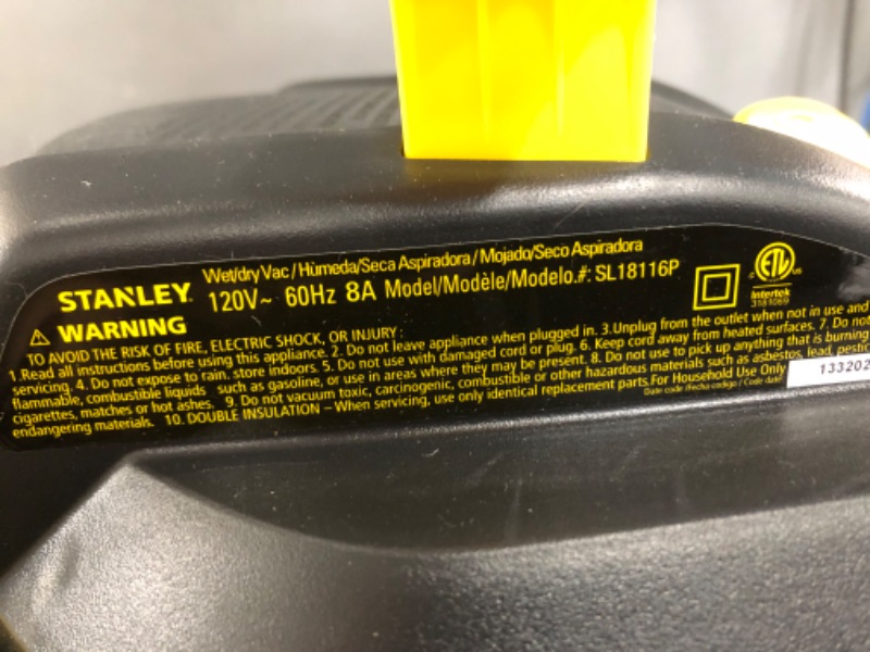 Photo 5 of *** USED *** ** IN LIKE NEW CONDITION ** *** TESTED POWERED ON *** Stanley - SL18116P Wet/Dry Vacuum, 6 Gallon, 4 Horsepower Black