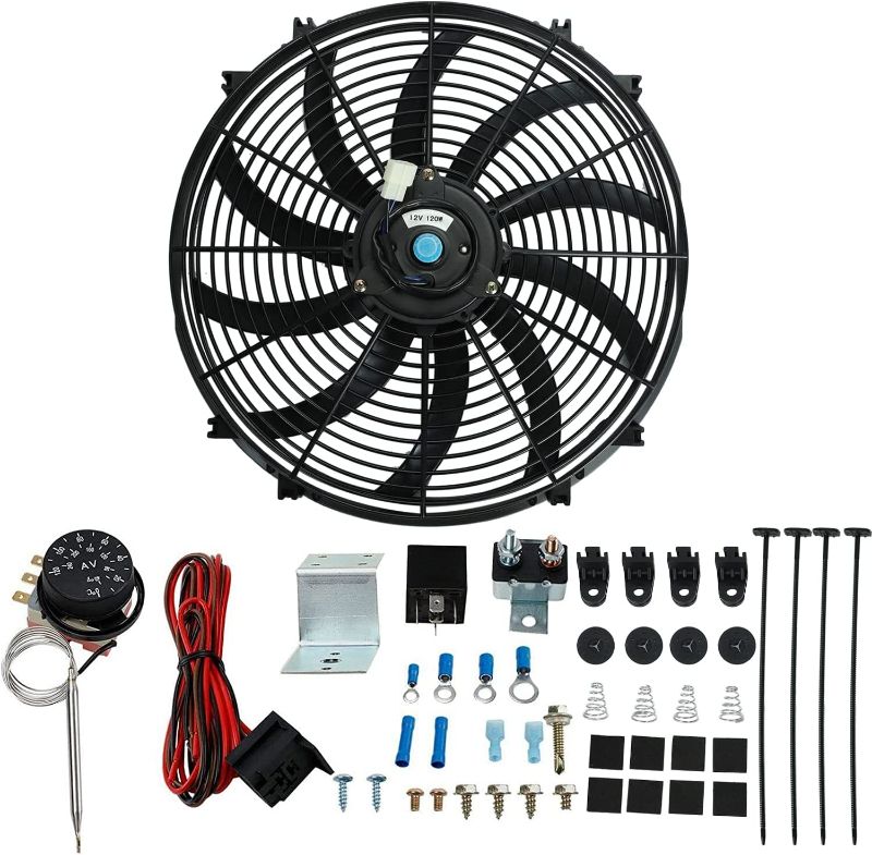 Photo 1 of 16" Slim Push Pull 12V Electric Radiator Cooling Fan with Adjustable Electric 12V Radiator Fan Thermostat Control Relay Wire Kit for All Radiators, Oil Coolers, Transmission Coolers