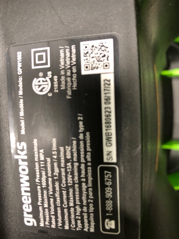 Photo 2 of **DAMAGED**
Greenworks 1600 PSI (1.2 GPM) Electric Pressure Washer (Ultra Compact / Lightweight / 20 FT Hose / 35 FT Power Cord) Great For Cars, Fences, Patios, Driveways
