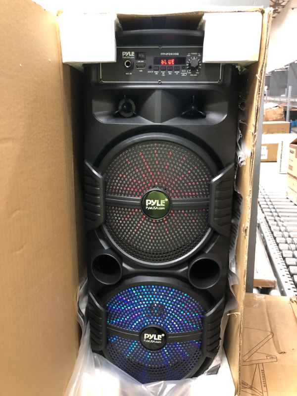 Photo 2 of Pyle Portable Bluetooth PA Speaker System - 600W Rechargeable Outdoor Bluetooth Speaker Portable PA System w/ Dual 8” Subwoofer 1” Tweeter, Microphone In, Party Lights, USB, Radio, Remote - PPHP2835B