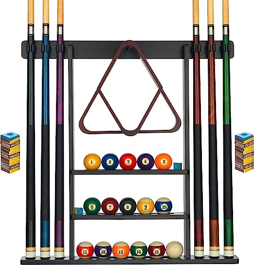 Photo 1 of  Pool Cue Rack - Pool Stick Holder Wall Mount With 16 Ball Holders & 6 Pack Of Chalk - Rubber Circle Pads & Large Clips Prevent Damage - Compact Billiard Table Accessories For Man Cave