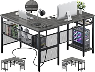 Photo 1 of Unikito L Shaped Desk with USB Charging Port and Power Outlet, Reversible L-Shaped Corner Computer Desk with Storage Shelves, Industrial 2 Person Long Gaming Table Modern Home Office Desk, Black