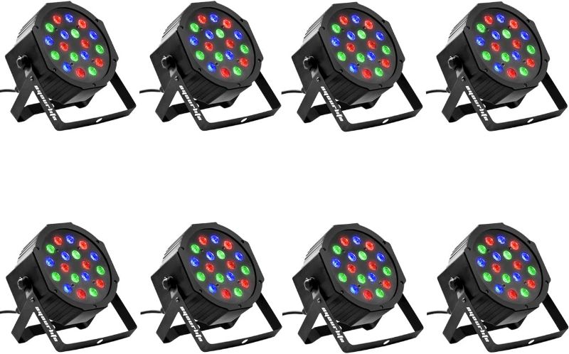 Photo 1 of Eyourlife 8PCS 18 X 3W LED Stage Light DJ Par Lights 54W RGB Lights DMX512 Uplighting for Wedding Stage Lighting Disco Party Light
