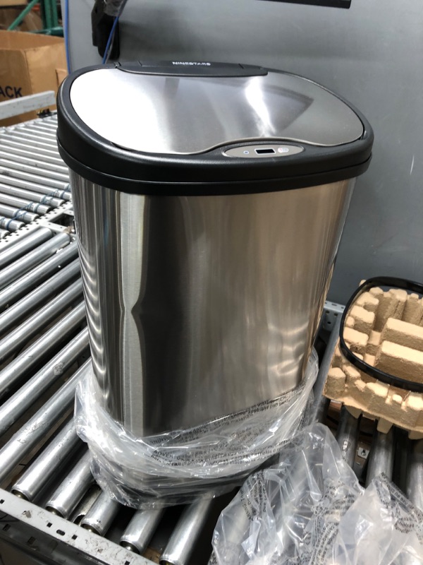 Photo 4 of **DAMAGE**Ninestars DZT-50-13 Automatic Touchless Motion Sensor Oval Trash Can with Black Top, 13 gallon/50 L, Stainless Steel 13 Gal. 50 L Stainless Steel