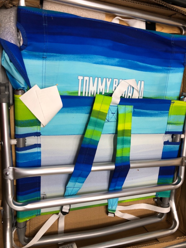 Photo 2 of ***ONE ARM BROKEN***Tommy Bahama 5-Position Classic Lay Flat Folding Backpack Beach Chair, Blue and Green Stripe , 23" x 25.25" x 31.5" 23" x 25.25" x 31.5" Blue, Green