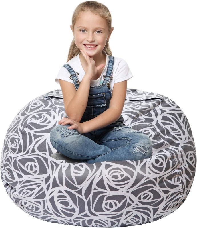 Photo 1 of * cover does not match color * 5 STARS UNITED Stuffed Animal Storage Bean Bag – Toy Storage Organizer and Bean Bag Chair for Kids Holds up to 90+ Plush Toys – Cotton Canvas Bags Cover for Boys and Girls Ages 4-11, Grey Roses