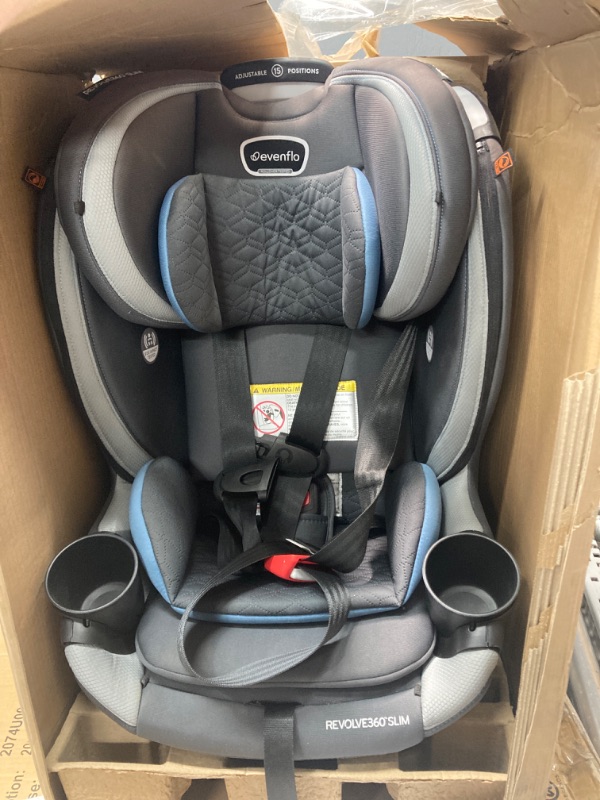 Photo 2 of Evenflo Revolve360 Slim 2-in-1 Rotational Car Seat with Quick Clean Cover (Stow Blue) Revolve Slim Quick Clean Cover Stow Blue