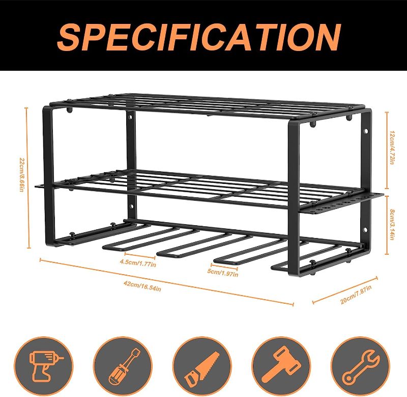 Photo 1 of Power Tool Organizer, Wall Mount Power Tool Organizers and Storage Rack with 5 Drill Slots, 3 Layer Heavy Duty Metal Power Tool Storage Rack for Garage Tool Organizer and Storage