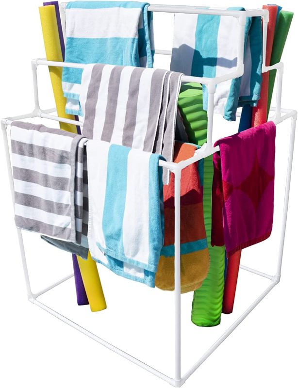 Photo 1 of 8 Bar Pyramid Towel Rack - Dry Wet Towels, Organize Fresh Towels, Poolside Towel Storage Organizer, (35.5" L x 35.5" W x 55" H), White
