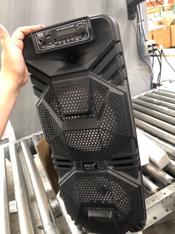 Photo 3 of Pyle Bluetooth PA Speaker System - 600W Rechargeable Outdoor Bluetooth Speaker Portable PA System w/ Dual 8” Subwoofer 1” Tweeter, Microphone In, Party Lights, USB, Radio, Remote - Pyle PPHP2836B Speaker System Speaker System