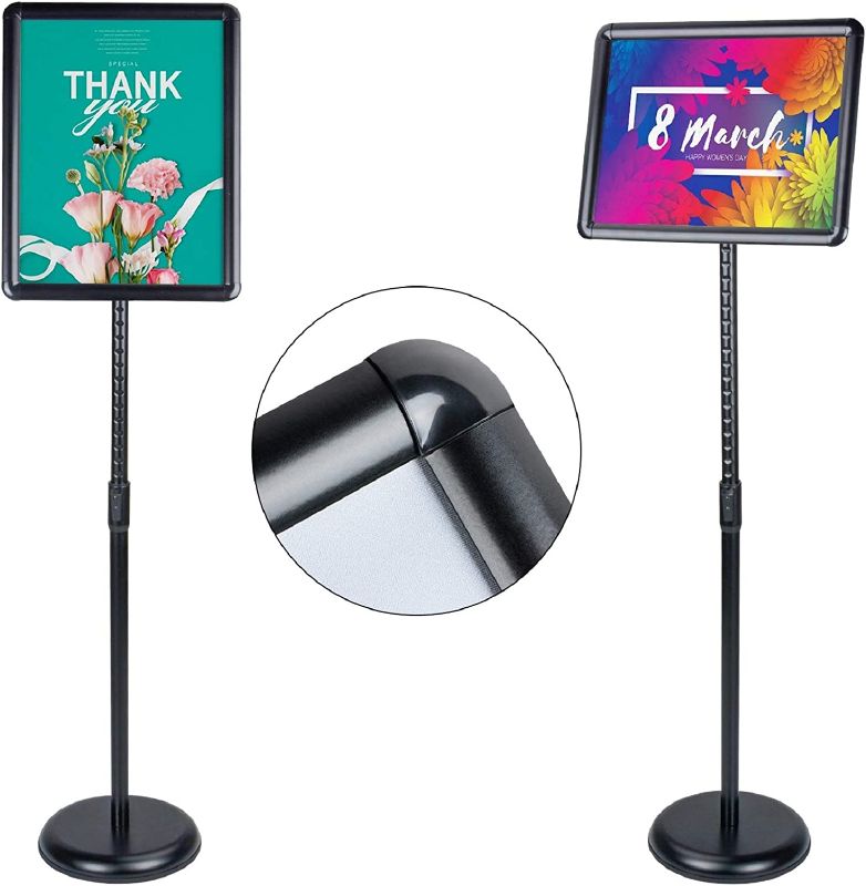 Photo 1 of 1 PCSAkTop Adjustable Poster Sign Stand, 11 X 17 Inch Heavy Duty Pedestal Floor Standing Sign Holder, Black Snap-Open Aluminum Frame with Safety Rounded Corner