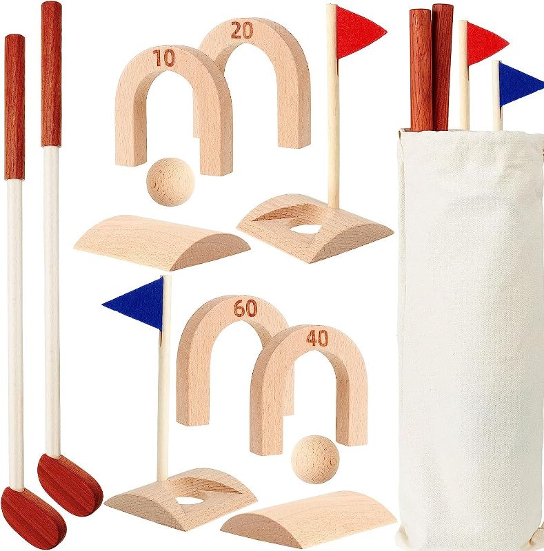 Photo 1 of 13 Pcs Kids Golf Set Mini Wooden Toddler Golf Set for Kids 3-12 Age Includes 2 Golf Clubs, 2 Balls, 4 Orifice Plates, 2 Slopes, 2 Holes and Storage Bag for Christmas Kids Gifts Play Indoor Outdoor