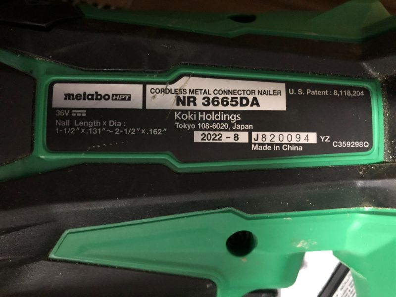 Photo 4 of (NON-FUNCTIONAL, USED, PARTS ONLY) Metabo HPT 36V MultiVolt Cordless Metal Connector Nailer Kit | Accepts 1-1/2-Inch and 2-1/2-Inch Nails | Strap-Tite Probe Tip | NR3665DA