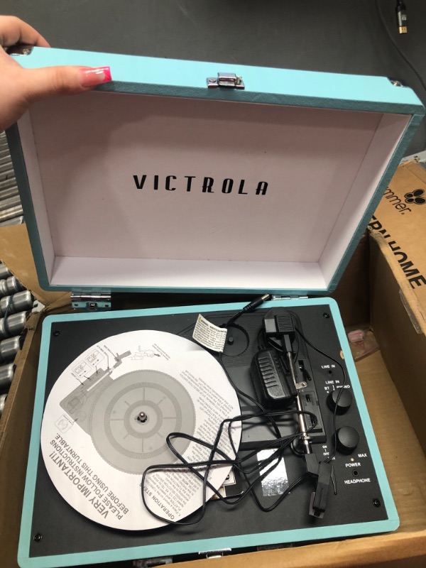 Photo 3 of Victrola Vintage 3-Speed Bluetooth Portable Suitcase Record Player with Built-in Speakers | Upgraded Turntable Audio Sound| Includes Extra Stylus | Turquoise, Model Number: VSC-550BT