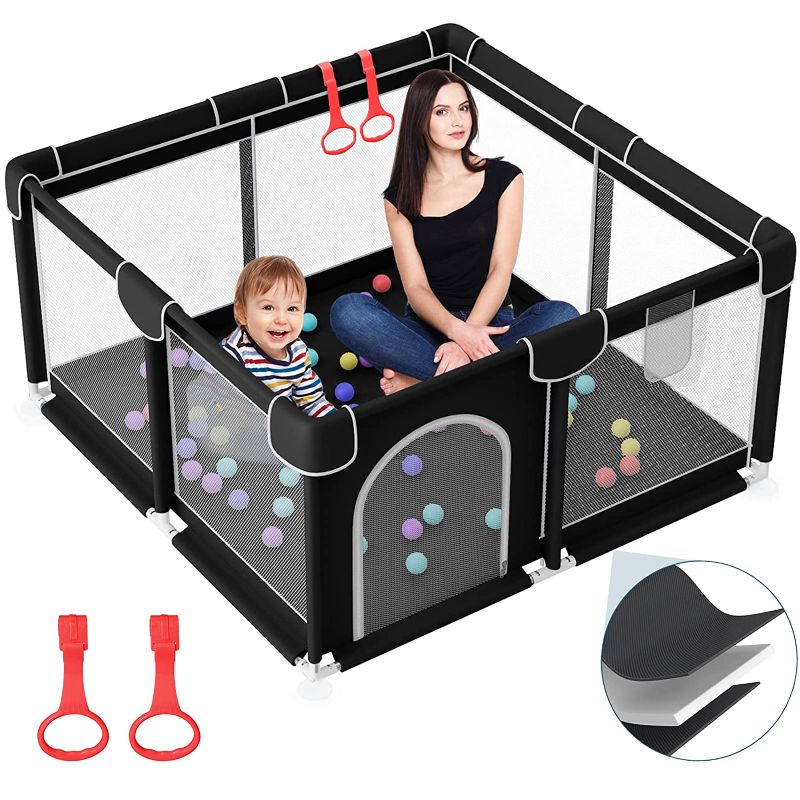 Photo 1 of Baby Playpen, Kids Large Baby Playard, Playpen for Babies and Toddlers with Gate Indoor & Outdoor Kids Activity Center, Sturdy Safety Play Yard with Breathable Mesh, Kid's Fence for Infants (Black)
