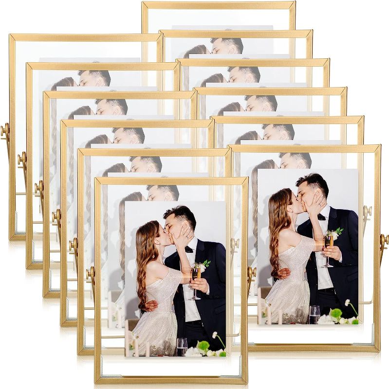 Photo 1 of *** USED *** *** SOME PICURES FRAMES MAY HAVE BROKEN GLASS *** 12 Pcs 4 x 6 Inch Metal Photo Frame Set Picture Metal Frames for Office Metal Glass Picture Frames in Bulk Metal Glass Floating Frame for Office Home Studio Interior Photo Display Frames (Gold