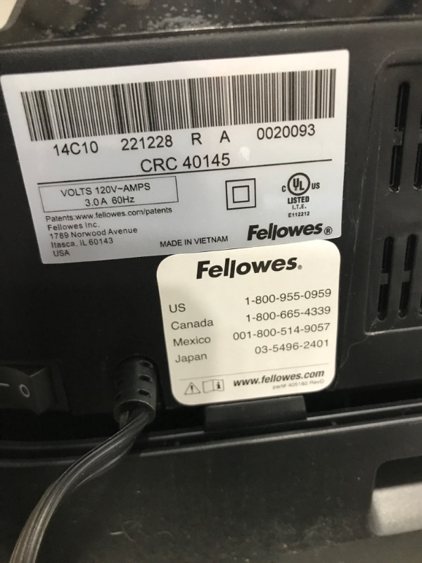 Photo 3 of "NOT FUNCTIONAL, FOR PARTS ONLY" Fellowes 12C15 12 Sheet Cross-Cut Paper Shredder for Home and Office with Safety Lock 12 Sheet Paper Shredder