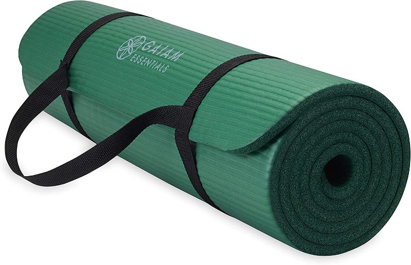 Photo 1 of Gaiam Essentials Thick Yoga Mat Fitness & Exercise Mat with Easy-Cinch Yoga Mat Carrier Strap, 72"L x 24"W x 2/5 Inch Thick
