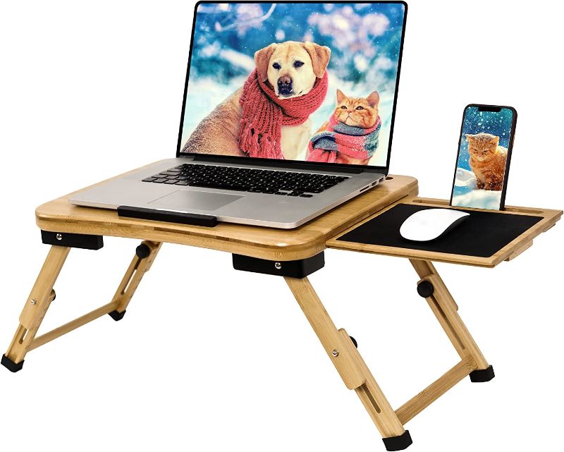 Photo 1 of Feelin' Homey Bamboo Lap Desk for Laptop - Adjustable Bed Stand Table with Mouse Pad, Folding Breakfast Tray, Work from Home Office for Students & Gamers - Fits up to 16 inch Laptops
