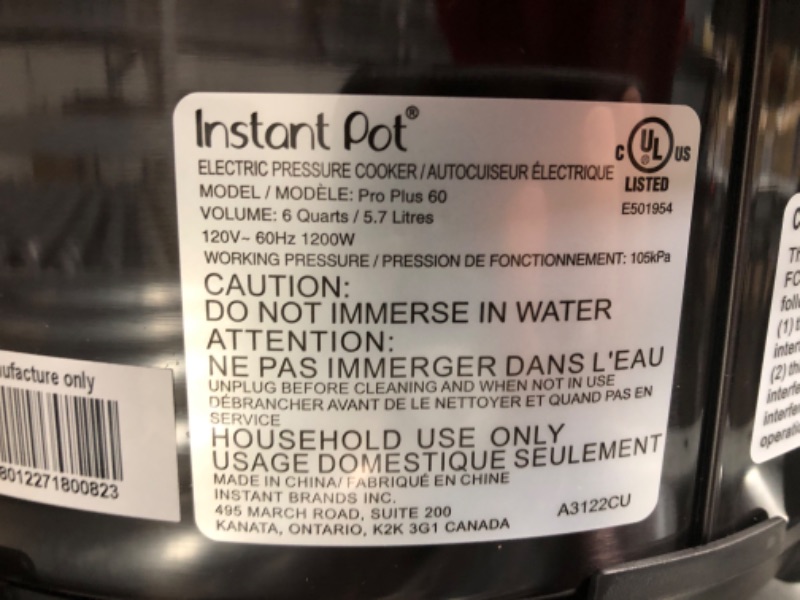 Photo 5 of USED. Instant Pot Pro Plus Wi-Fi Smart 10-in-1, Pressure Cooker, Slow Cooker, Rice Cooker, Steamer, Sauté Pan, Yogurt Maker, Warmer, Canning Pot, Sous Vide, Includes App with Over 800 Recipes, 6 Quart 6QT Pro Plus