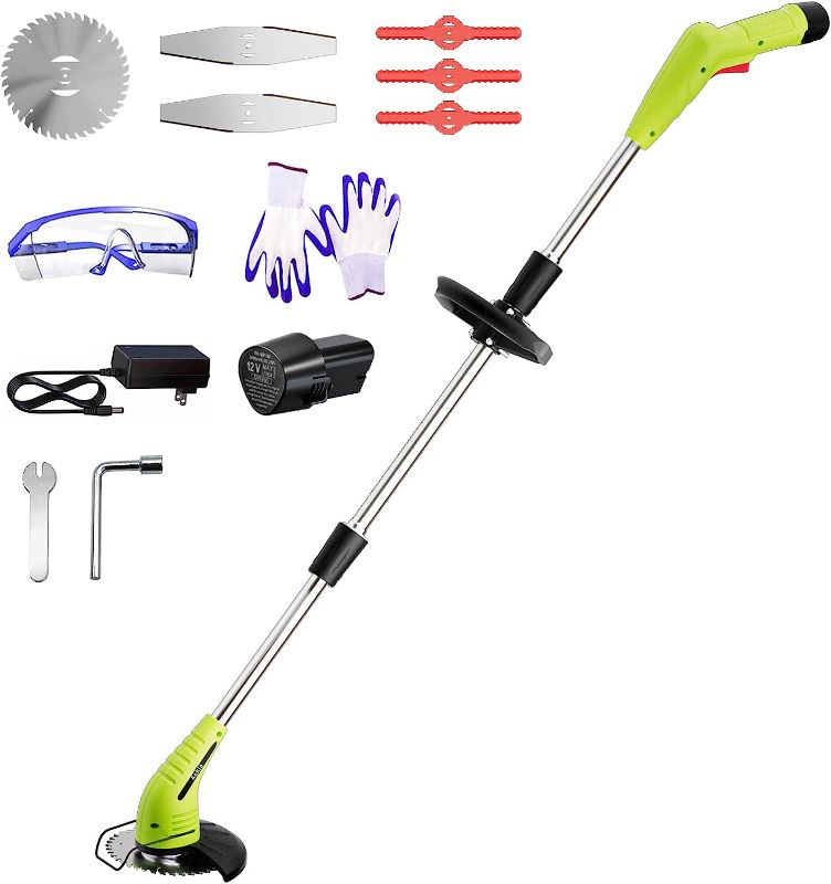 Photo 1 of Weed Wacker Cordless Lawn Trimmer, Aokia 12V String Trimmer Edger Lawn Tool with 3 Types Blades, 2.0Ah Li-Ion Battery Powered Grass Cutter Weed Trimmer for Garden and Yard
