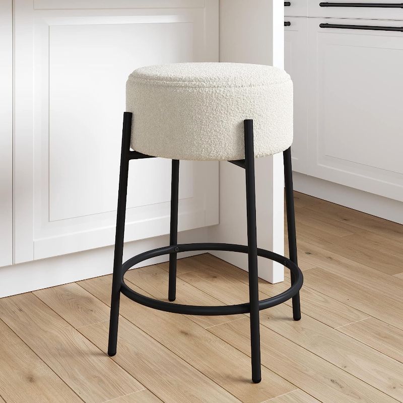 Photo 1 of 
Nathan James Isaac 24" Modern Backless Bar Stool with Round Soft Padded Boucle Seat and Metal Mid-Century Base, Boucle White/Black
