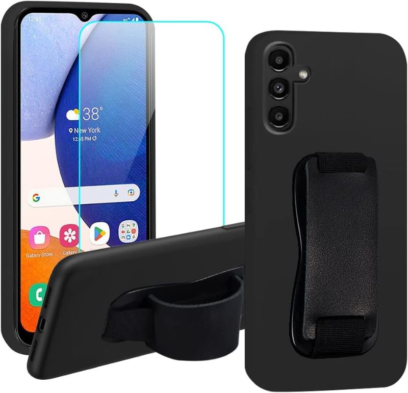 Photo 1 of 2 CASES - Compatible with Samsung Galaxy A14 5G Phone Case, Elastic Wrist Strap Kickstand Protective Cover with [Tempered Glass Screen Protector] Wristband Holder Case for Samsung Galaxy A14 5G -Black