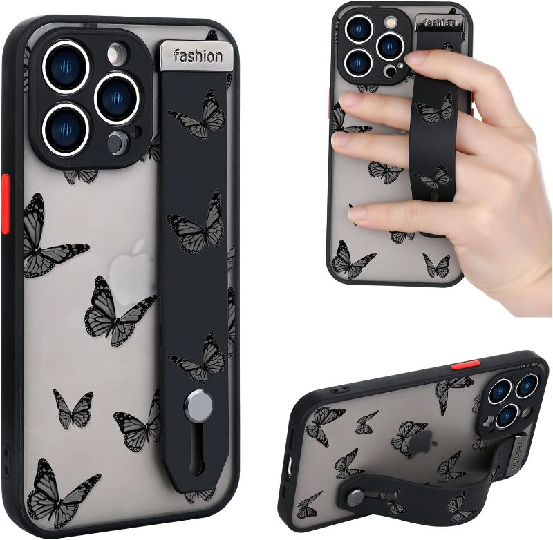 Photo 1 of AIGOMARA Compatible with iPhone 13 Pro Max Case 6.7 Inch Black Butterfly Pattern Design Hard PC Soft TPU Anti-Fall Shock Absorption Scratch-Proof Full Body Protective Cover with Wrist Strap Lanyard