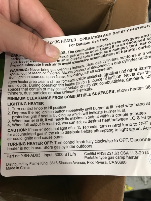 Photo 4 of ***SEE NOTES*** Flame King Portable Propane Gas Outdoor Heater with Piezo Electric Start for Camping, Garage, Ice Fishing, Patio, and Tabletop