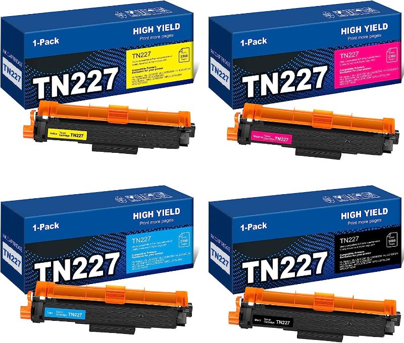 Photo 1 of TN227 TN-227BK/C/M/Y High Yield 4 Pack Toner Cartridge Replacement for Brother TN227 TN223 TN 227 Compatible with MFC-L3770CDW HL-L3290CDW HL-L3270CDW MFC-L3710C HL-L3210CW