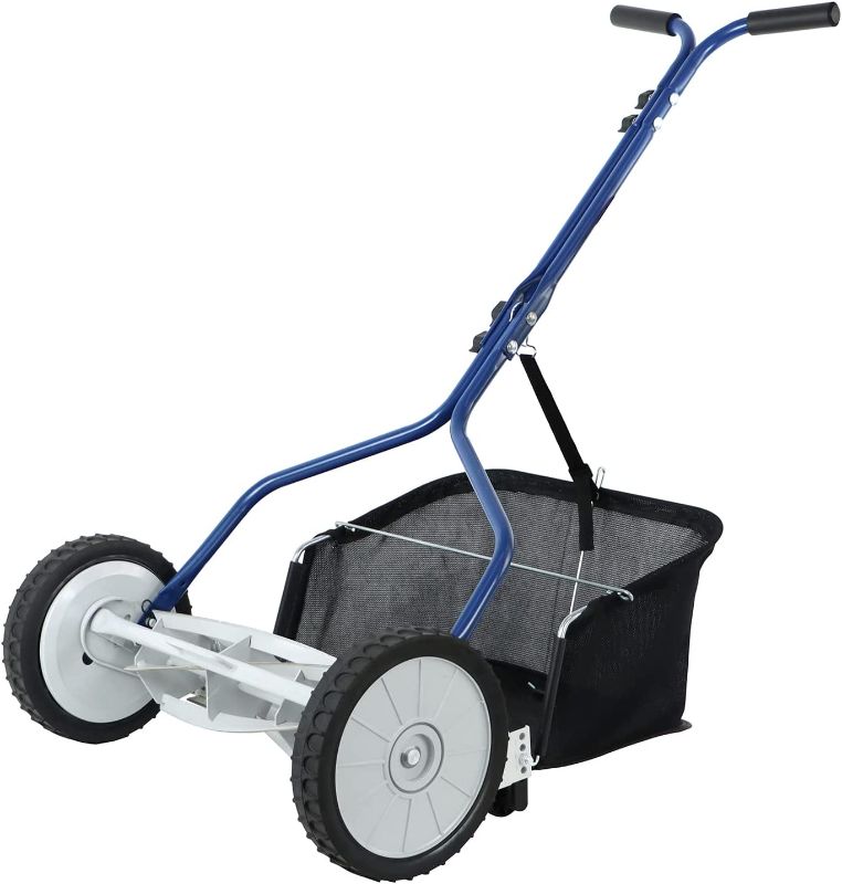 Photo 1 of Amazon Basics 18-Inch 5-Blade Push Reel Lawn Mower with Grass Catcher, Blue
