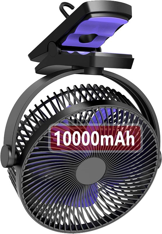 Photo 1 of 10000mAh Portable Clip on Fan, 8 Inch Rechargeable Battery Operated Fan with Hanging Hook, 35 Hours Work Time, 4 Speeds Strong Airflow, Personal USB Fan for Outdoor Camping Golf Cart Home Office