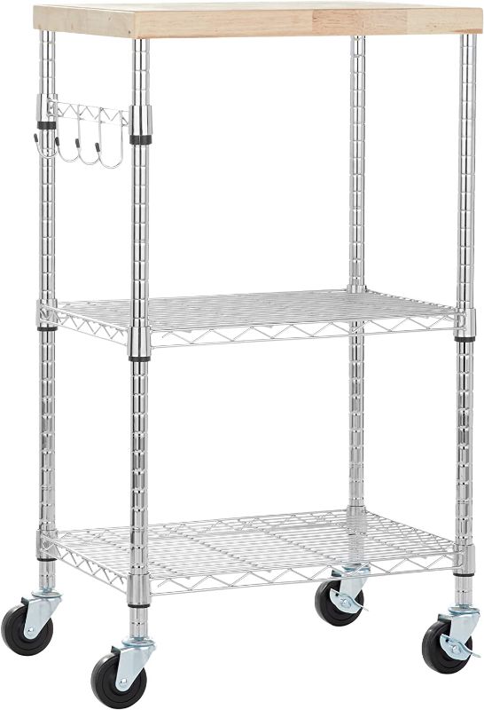 Photo 1 of Amazon Basics Kitchen Storage Microwave Rack Cart on Caster Wheels with Adjustable Shelves, 175 Pound Capacity, 15 x 21 x 36.7 inches, Wood/Chrome

