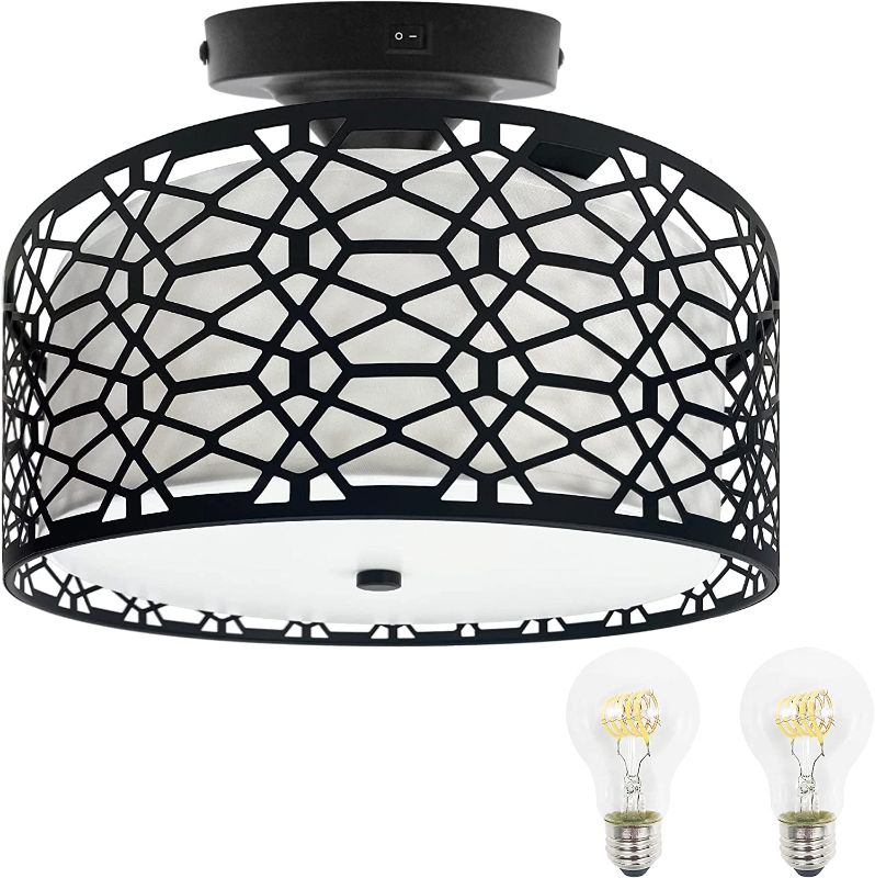 Photo 1 of Facon 11'' RV Pendant Dining Table Light with Switch, Replaceable 2 x E26 LED Bulbs, Decorative Fabric Dinette Light Fixture, Black Cage Shape, 12V DC Interior Light for RV Motorhome Camper Trailer