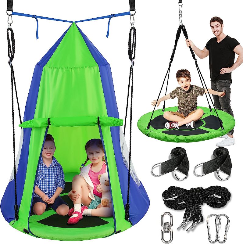 Photo 1 of **MISSING HARDWARE**  SereneLife 40”Hanging Tree Play Tent Hangout for Kids Indoor Outdoor Flying Saucer Floating Platform Swing Treepod Inside Outside House Canopy-Includes Hammock Pod Hang Kit and Swinging Swivel Spinner
